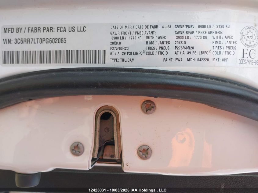 2023 Ram 1500 Classic Slt VIN: 3C6RR7LT0PG602065 Lot: 12423031