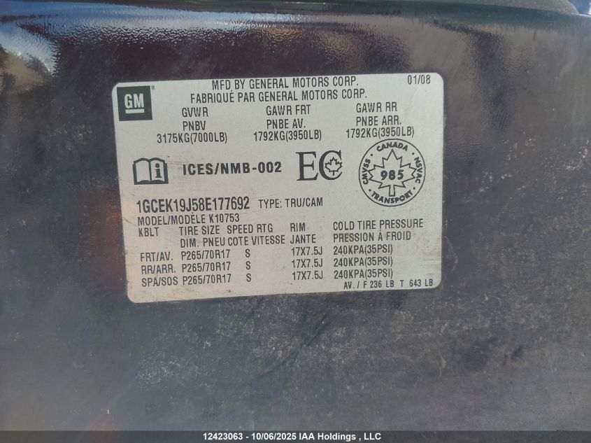 2008 Chevrolet Silverado K1500 VIN: 1GCEK19J58E177692 Lot: 12423063