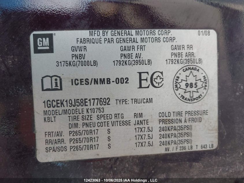 2008 Chevrolet Silverado K1500 VIN: 1GCEK19J58E177692 Lot: 12423063