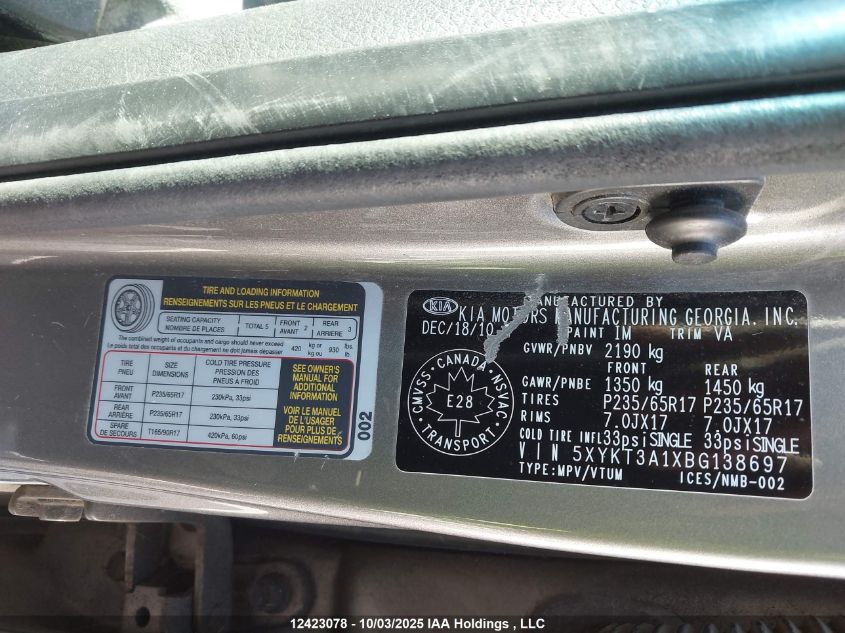 2011 Kia Sorento Lx VIN: 5XYKT3A1XBG138697 Lot: 12423078