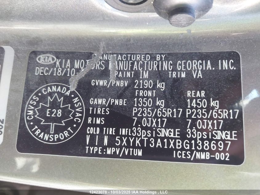 2011 Kia Sorento Lx VIN: 5XYKT3A1XBG138697 Lot: 12423078