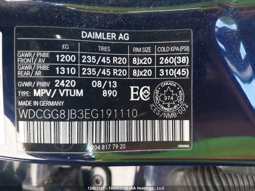 2014 Mercedes-Benz Glk 350 4Matic VIN: WDCGG8JB3EG191110 Lot: 12423127