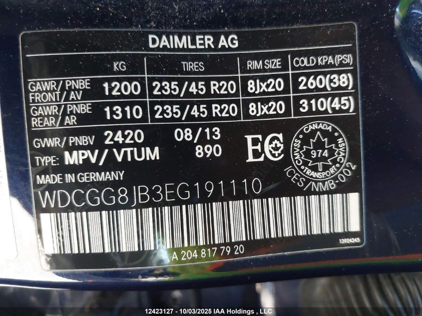 2014 Mercedes-Benz Glk 350 4Matic VIN: WDCGG8JB3EG191110 Lot: 12423127