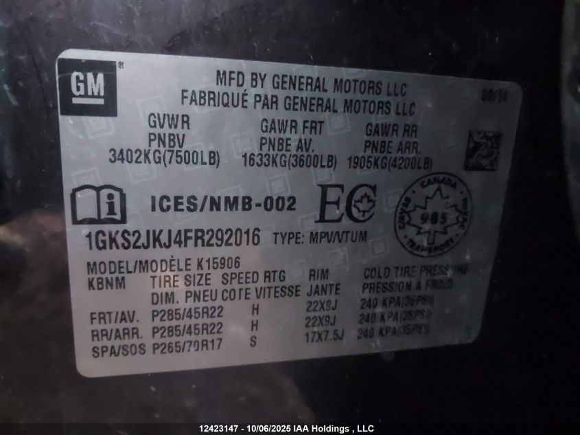 2015 GMC Yukon Xl Denali Denali VIN: 1GKS2JKJ4FR292016 Lot: 12423147