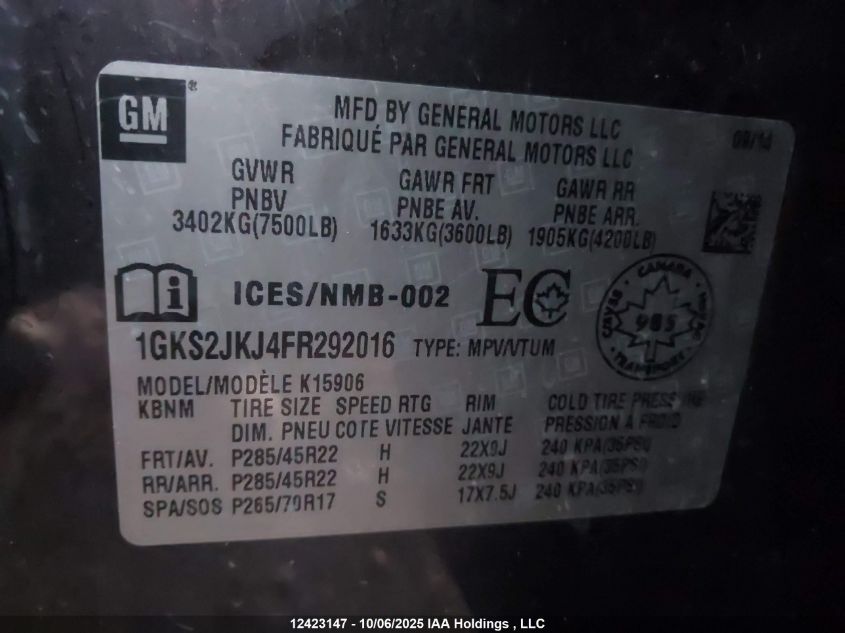 2015 GMC Yukon Xl Denali Denali VIN: 1GKS2JKJ4FR292016 Lot: 12423147