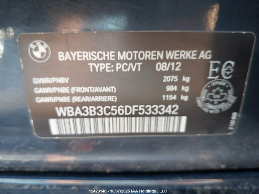 2013 BMW 328 Xi VIN: WBA3B3C56DF533342 Lot: 12423148