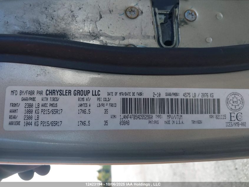 2010 Jeep Compass Sport/North VIN: 1J4NF4FB5AD552960 Lot: 12423194