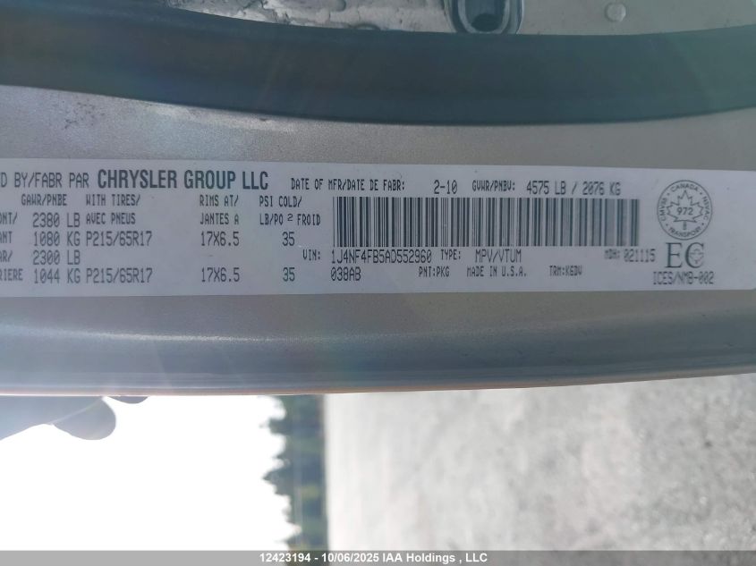 2010 Jeep Compass Sport/North VIN: 1J4NF4FB5AD552960 Lot: 12423194