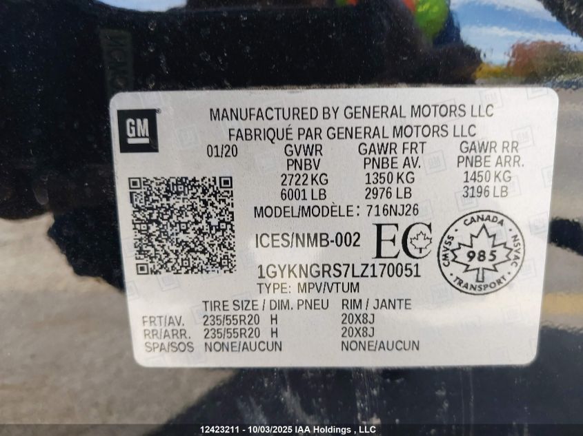 2020 Cadillac Xt5 Sport VIN: 1GYKNGRS7LZ170051 Lot: 12423211