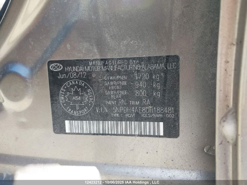 2013 Hyundai Elantra Gls/Limited VIN: 5NPDH4AE8DH188481 Lot: 12423212