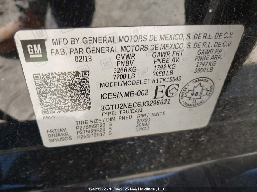 2018 GMC Sierra K1500 Slt VIN: 3GTU2NEC6JG296621 Lot: 12423222