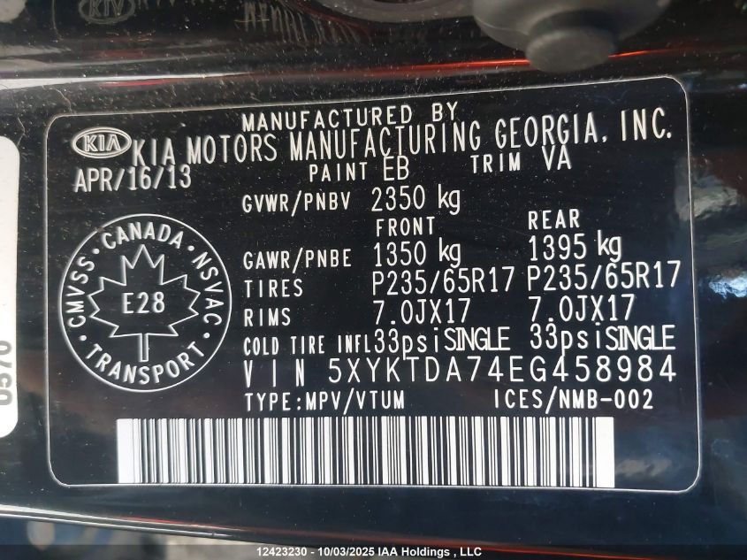 2014 Kia Sorento Lx V6 VIN: 5XYKTDA74EG458984 Lot: 12423230
