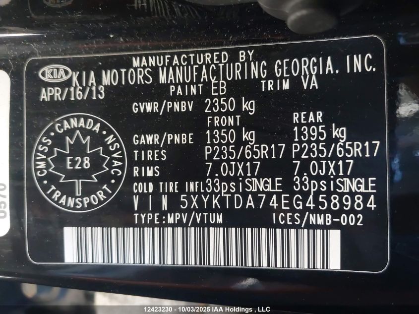 2014 Kia Sorento Lx V6 VIN: 5XYKTDA74EG458984 Lot: 12423230