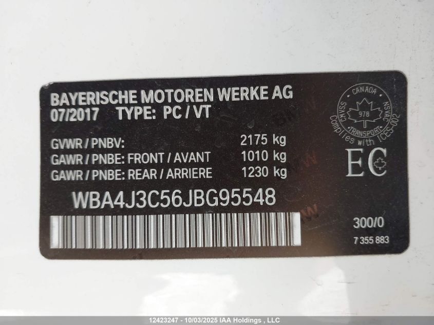 2018 BMW 4 Series VIN: WBA4J3C56JBG95548 Lot: 12423247