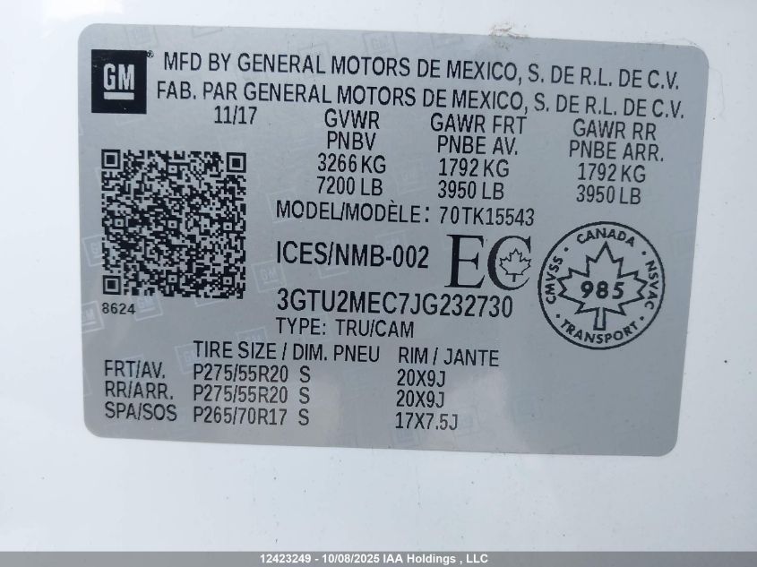 2018 GMC Sierra K1500 Sle VIN: 3GTU2MEC7JG232730 Lot: 12423249