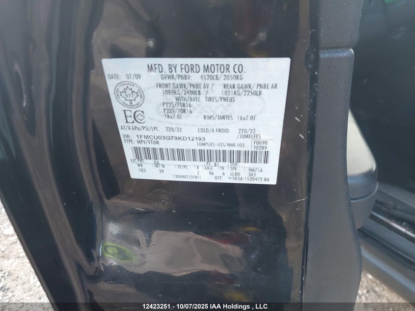 2009 Ford Escape Xlt Automatic VIN: 1FMCU03G79KD12193 Lot: 12423251