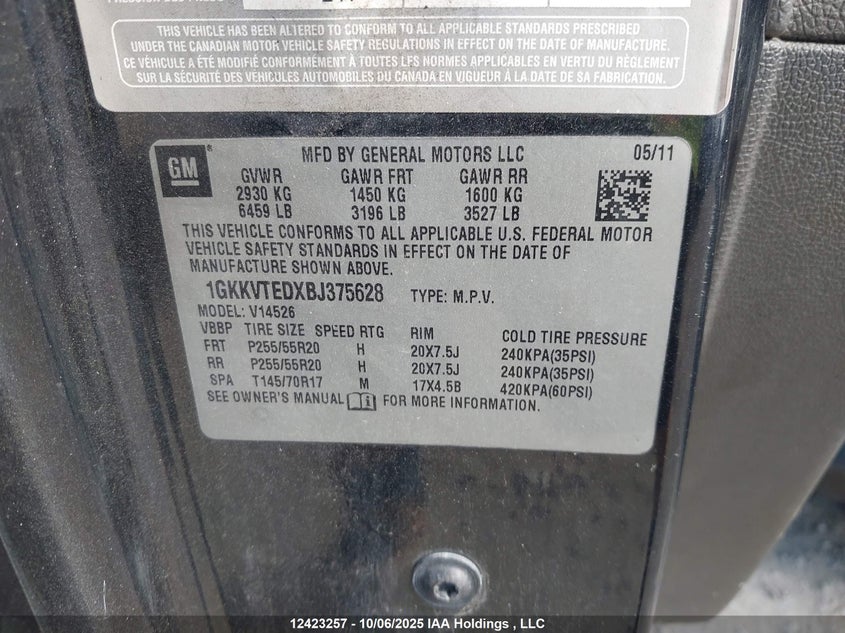 2011 GMC Acadia Denali VIN: 1GKKVTEDXBJ375628 Lot: 12423257