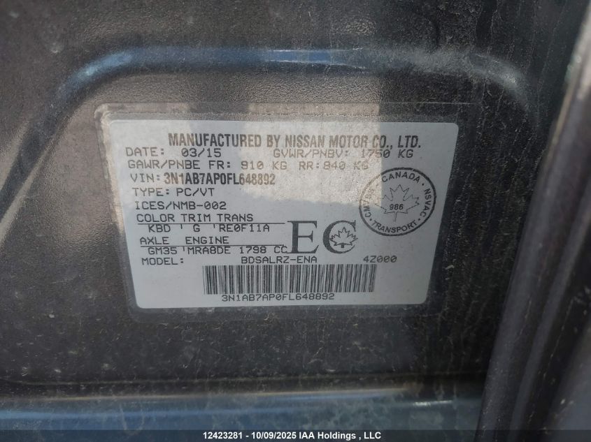 2015 Nissan Sentra S/Sv/Sr/Sl VIN: 3N1AB7AP0FL648892 Lot: 12423281