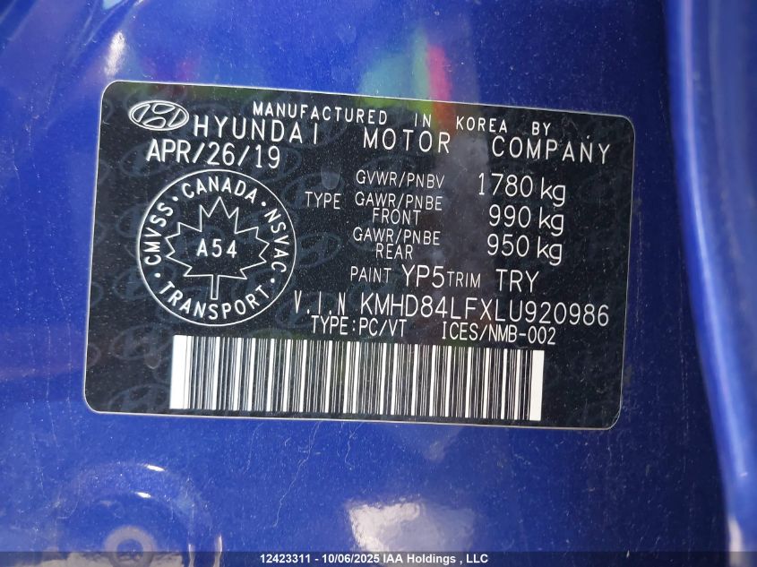 2020 Hyundai Elantra VIN: KMHD84LFXLU920986 Lot: 12423311