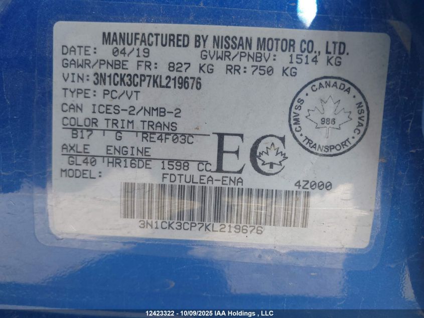 2019 Nissan Micra VIN: 3N1CK3CP7KL219676 Lot: 12423322