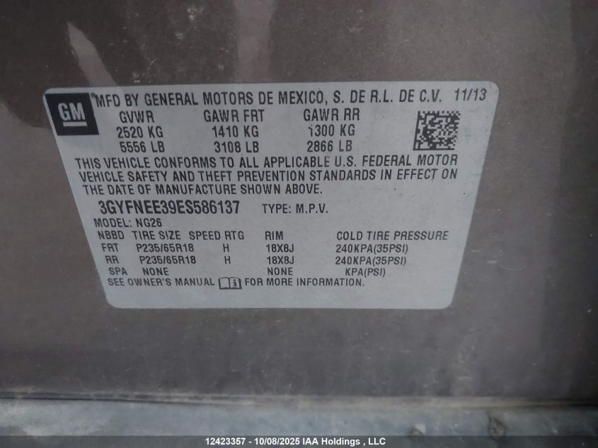 2014 Cadillac Srx Luxury Collection VIN: 3GYFNEE39ES586137 Lot: 12423357