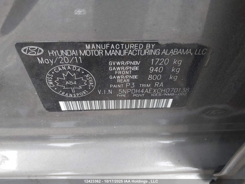 2012 Hyundai Elantra Gl VIN: 5NPDH4AEXCH070138 Lot: 12423362