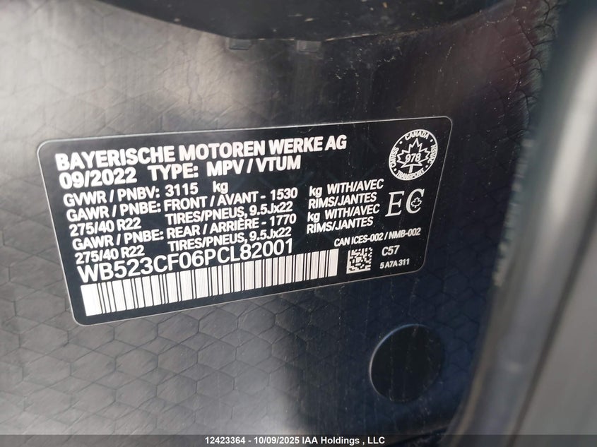 2023 BMW Ix xDrive50 VIN: WB523CF06PCL82001 Lot: 12423364