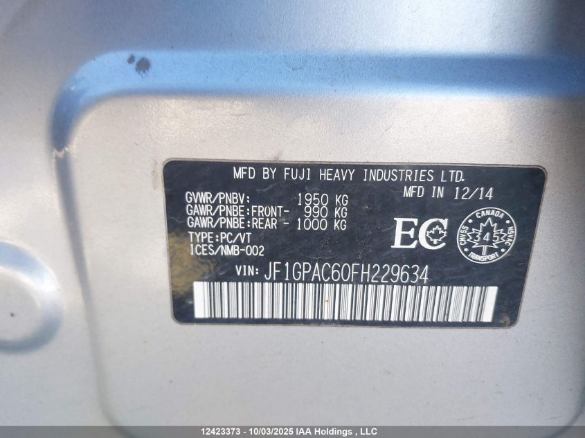 2015 Subaru Impreza 2.0I/2.0I Touring Package VIN: JF1GPAC60FH229634 Lot: 12423373