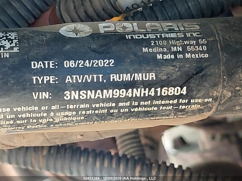2022 Polaris Rzr Xp 1000 High Lifter Edition VIN: 3NSNAM994NH416804 Lot: 12423384