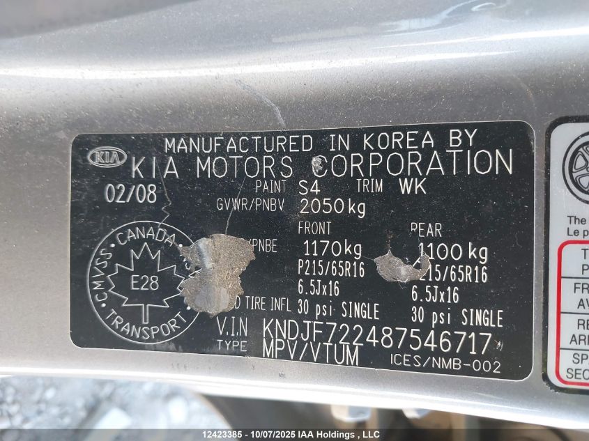 2008 Kia Sportage Lx VIN: KNDJF722487546717 Lot: 12423385
