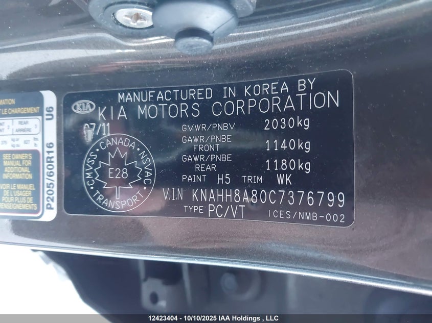 2012 Kia Rondo VIN: KNAHH8A80C7376799 Lot: 12423404