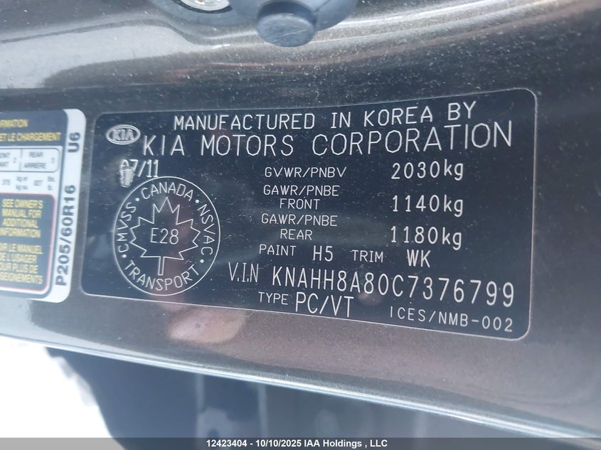 2012 Kia Rondo VIN: KNAHH8A80C7376799 Lot: 12423404