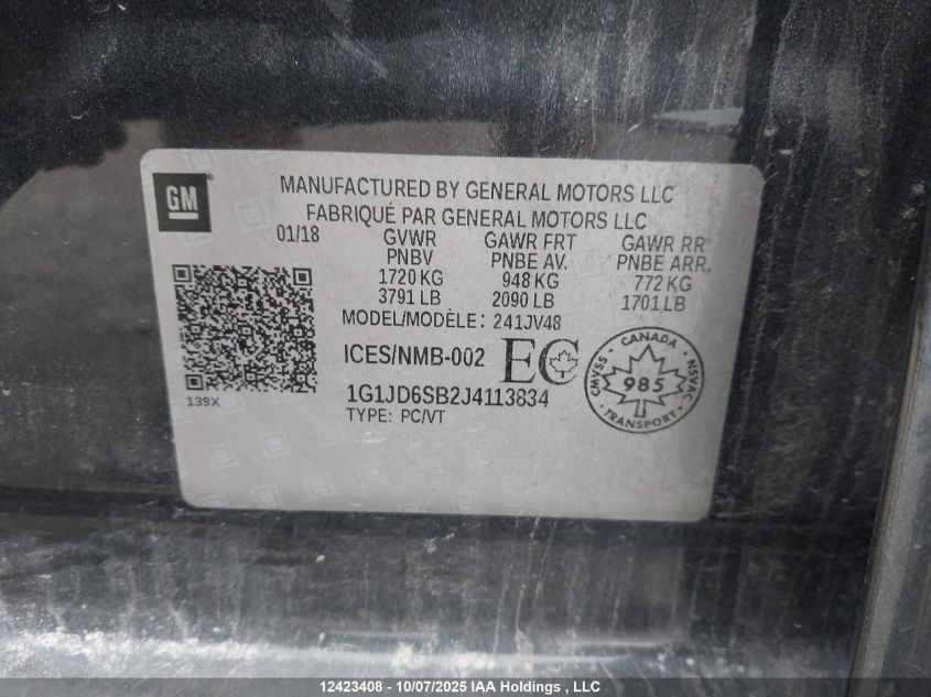 2018 Chevrolet Sonic Lt VIN: 1G1JD6SB2J4113834 Lot: 12423408