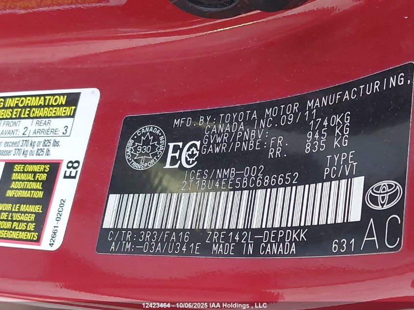 2011 Toyota Corolla S/Le VIN: 2T1BU4EE5BC686652 Lot: 12423464