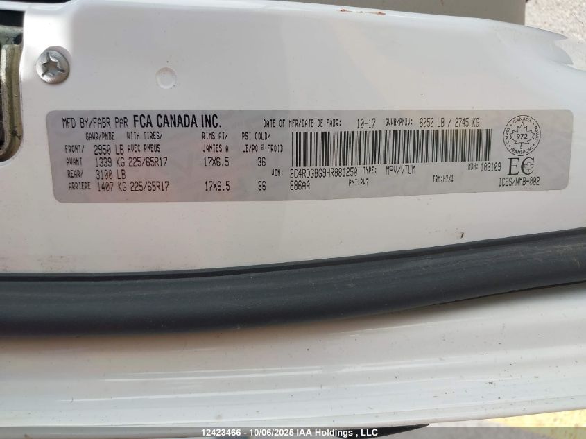 2017 Dodge Grand Caravan Se VIN: 2C4RDGBG9HR881250 Lot: 12423466