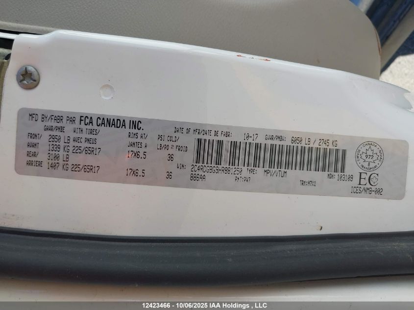 2017 Dodge Grand Caravan Se VIN: 2C4RDGBG9HR881250 Lot: 12423466