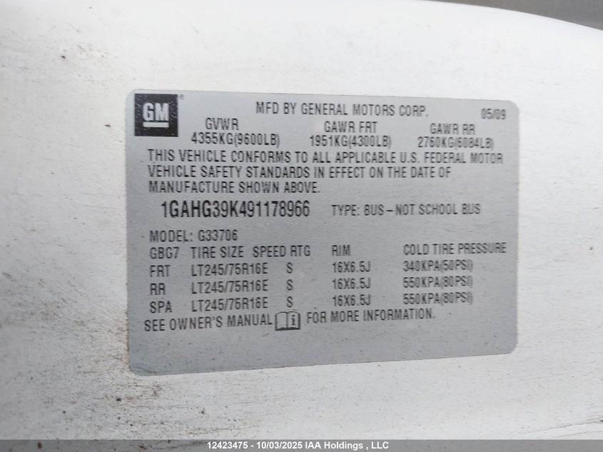 1GAHG39K491178966 2009 CHEVROLET EXPRESS photo no. 9