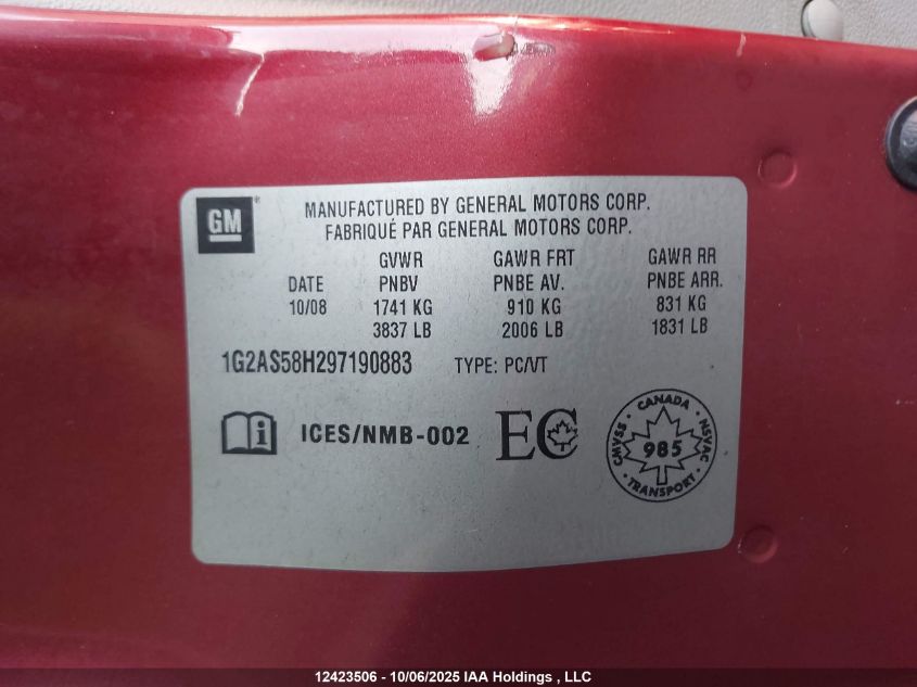 2009 Pontiac G5 VIN: 1G2AS58H297190883 Lot: 12423506