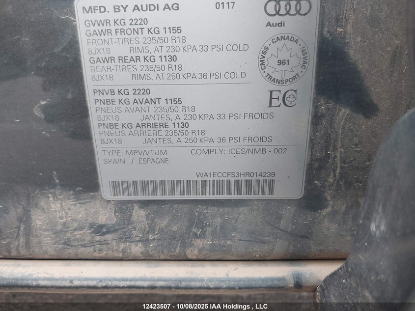 2017 Audi Q3 Premium VIN: WA1ECCFS3HR014239 Lot: 12423507