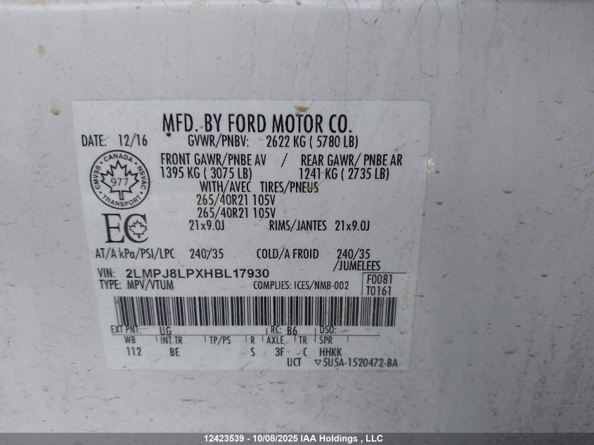 2017 Lincoln Mkx Reserve VIN: 2LMPJ8LPXHBL17930 Lot: 12423539