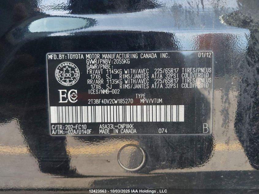 2012 Toyota Rav4 VIN: 2T3BF4DV2CW185270 Lot: 12423563