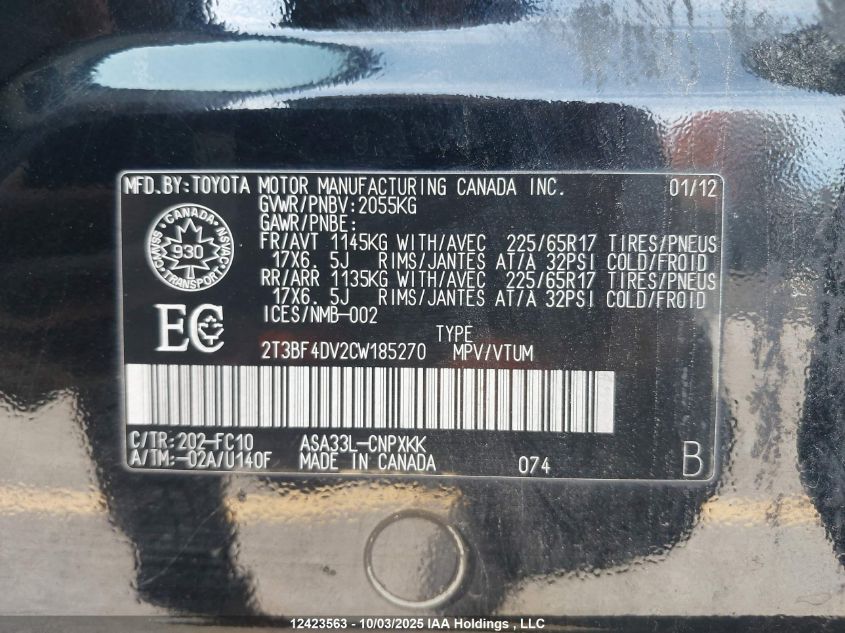 2012 Toyota Rav4 VIN: 2T3BF4DV2CW185270 Lot: 12423563