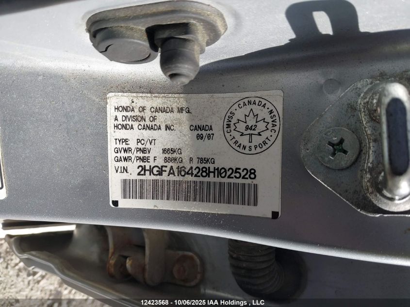 2008 Honda Civic Dx-G VIN: 2HGFA16428H102528 Lot: 12423568