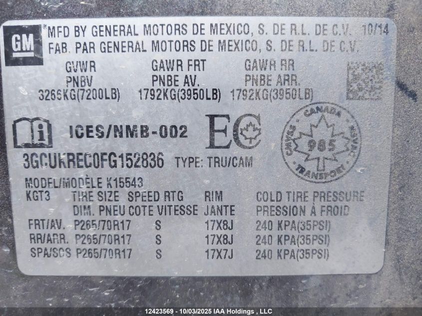 2015 Chevrolet Silverado 1500 1Lt/2Lt VIN: 3GCUKREC0FG152836 Lot: 12423569