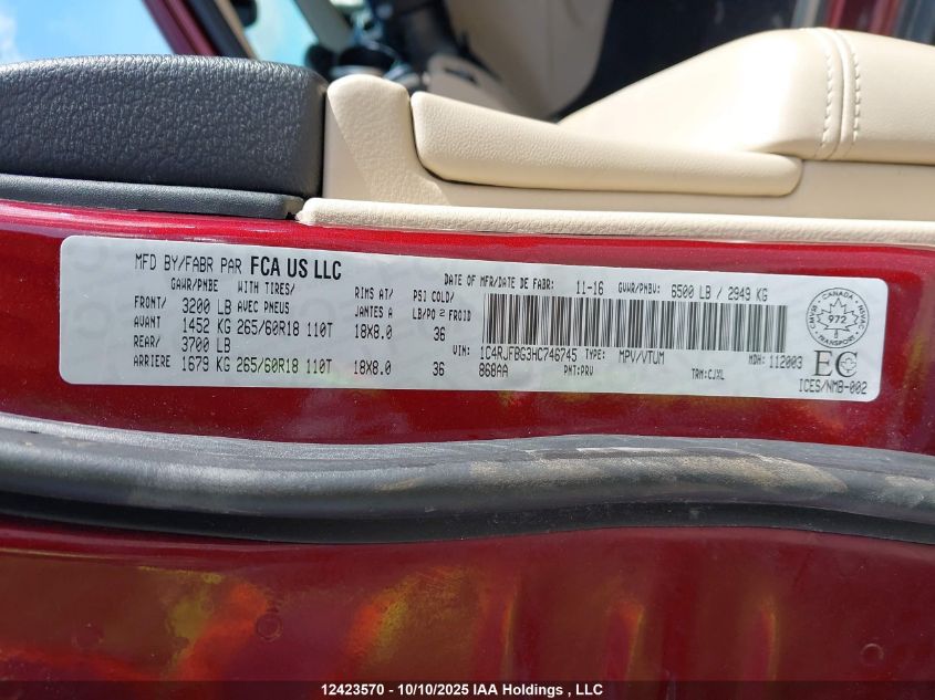 2017 Jeep Grand Cherokee Limited VIN: 1C4RJFBG3HC746745 Lot: 12423570