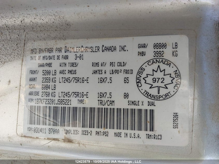 1B7KF23Z01J585221 2001 DODGE RAM photo no. 9