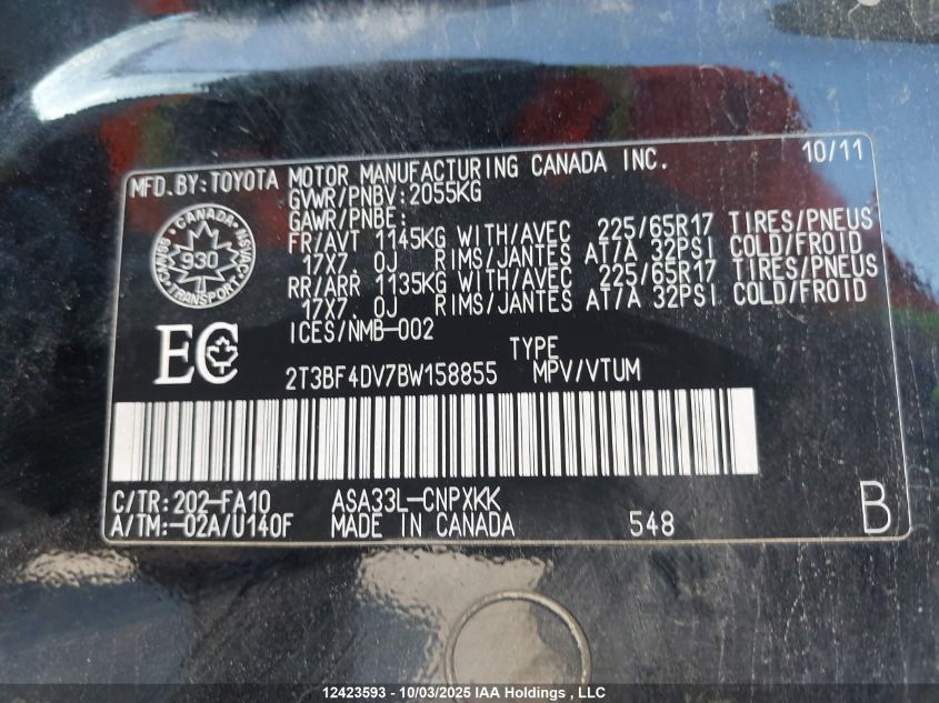 2011 Toyota Rav4 VIN: 2T3BF4DV7BW158855 Lot: 12423593