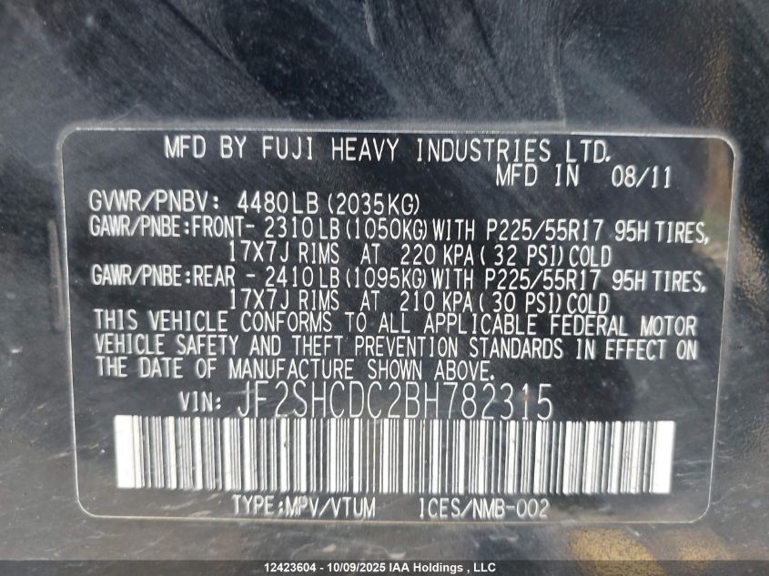 2011 Subaru Forester 2.5X Premium VIN: JF2SHCDC2BH782315 Lot: 12423604