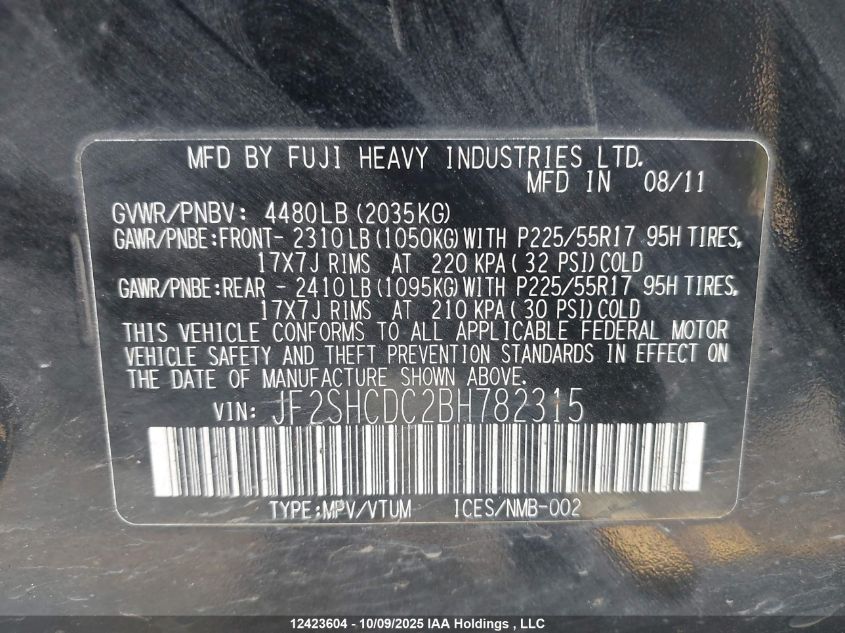 2011 Subaru Forester 2.5X Premium VIN: JF2SHCDC2BH782315 Lot: 12423604