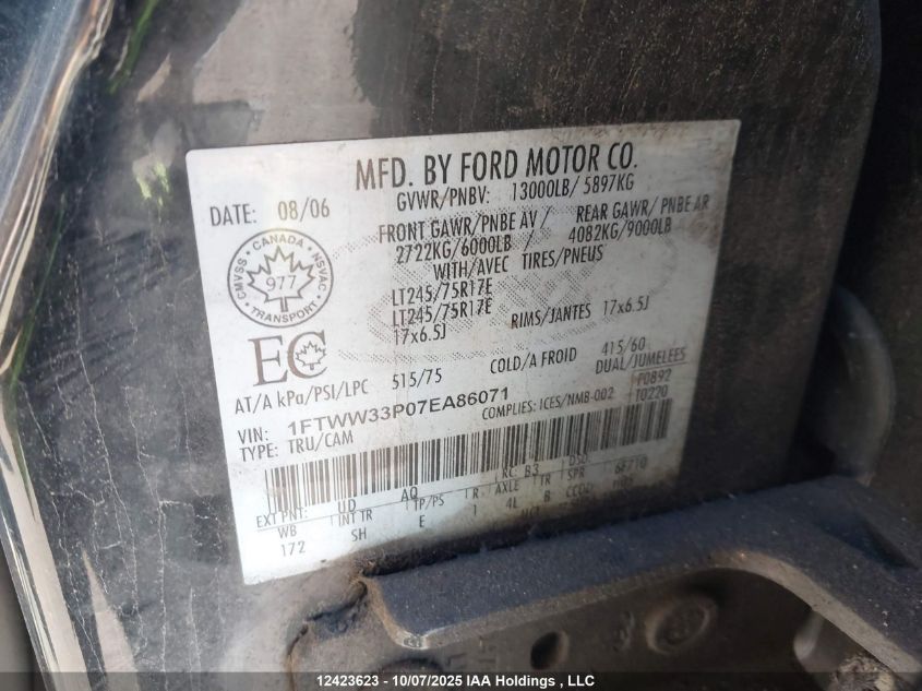 2007 Ford F350 Super Duty VIN: 1FTWW33P07EA86071 Lot: 12423623